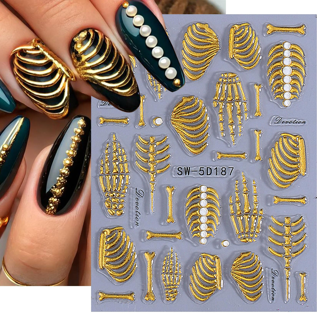 Gothic 5D nail art stickers in rose gold and white