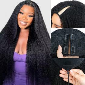 Goulus Kinky Straight V Part Wig front view in natural black