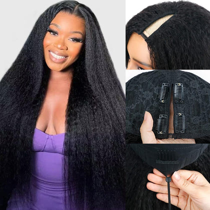 Goulus Kinky Straight V Part Wig front view in natural black