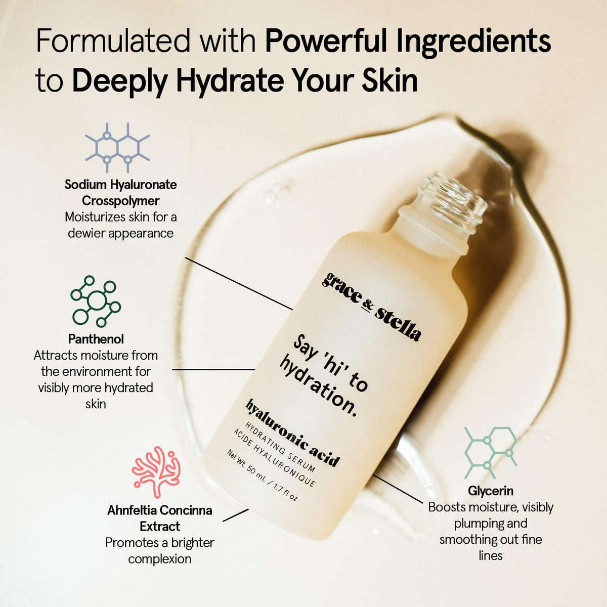 grace & stella Hyaluronic Acid Serum 10ml application on skin