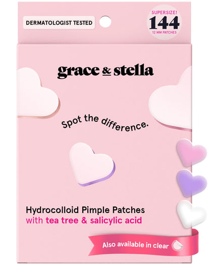 grace & stella hydrocolloid pimple patches front view with colourful heart shapes