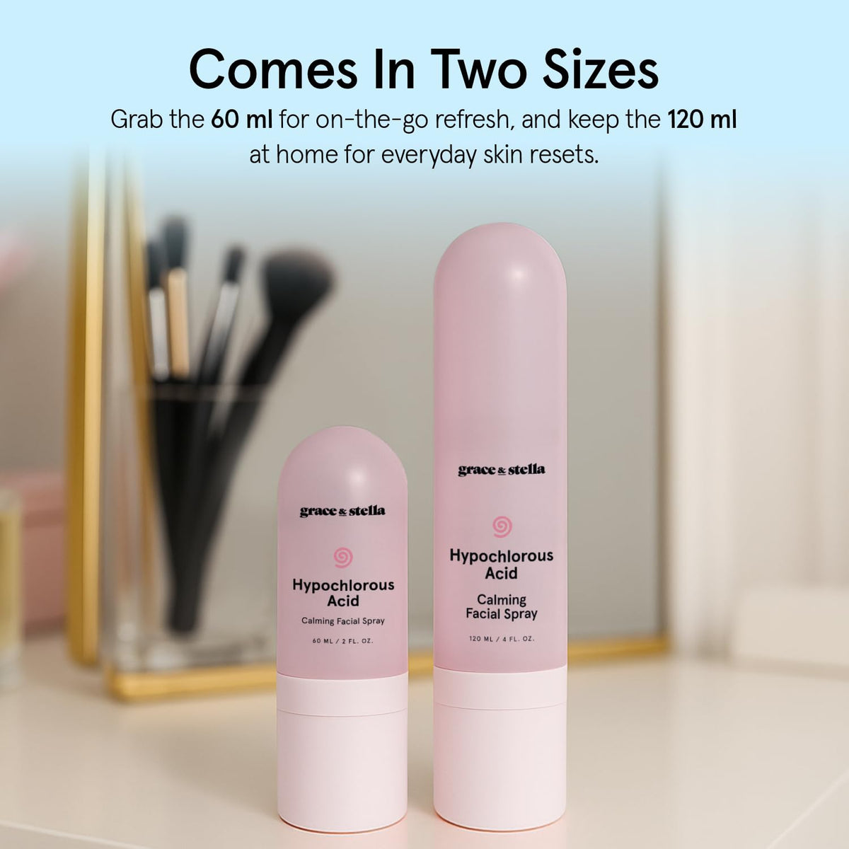 grace & stella Hypochlorous Acid Spray 120ml on a bathroom shelf