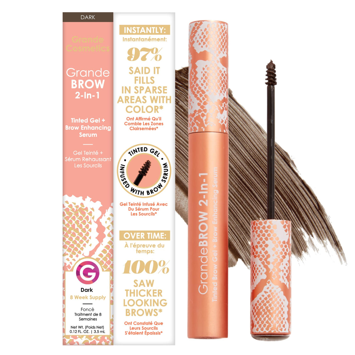 Grande Cosmetics GrandeBROW 2-in-1 Tinted Brow Gel & Serum Dark front view