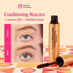 Grande Cosmetics lash serum and mascara set on a vanity