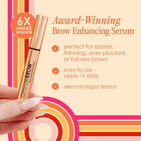 GrandeBROW Brow support Serum with brow hairs on a surface