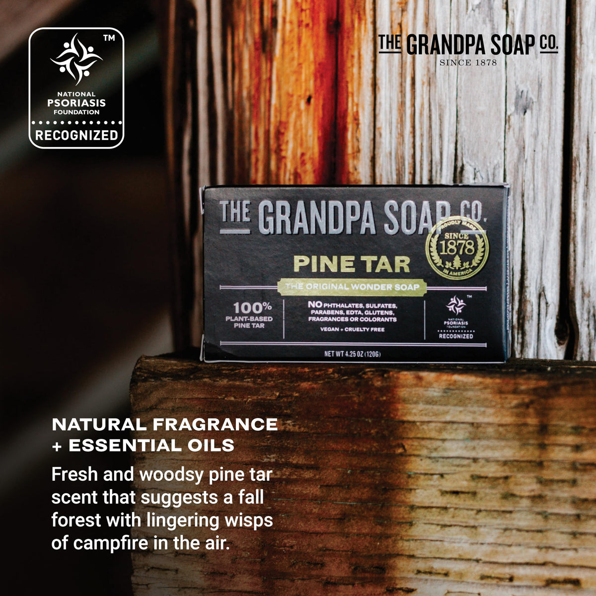 Grandpa's Pine Tar Bar Soap displayed with natural elements