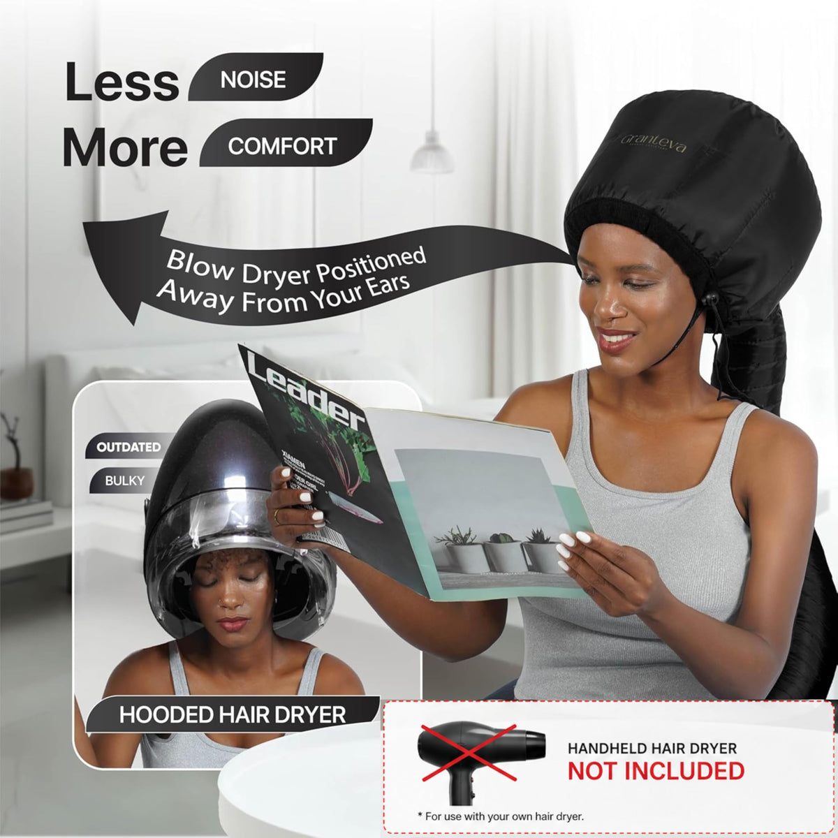 Granteva Hooded Hair Dryer Attachment showing satin diffuser cap
