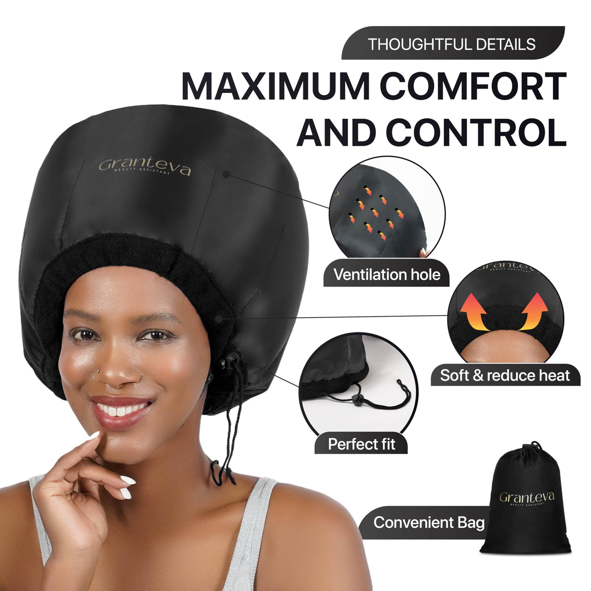 Granteva Hooded Hair Dryer Attachment side view showing adjustable velcro strap