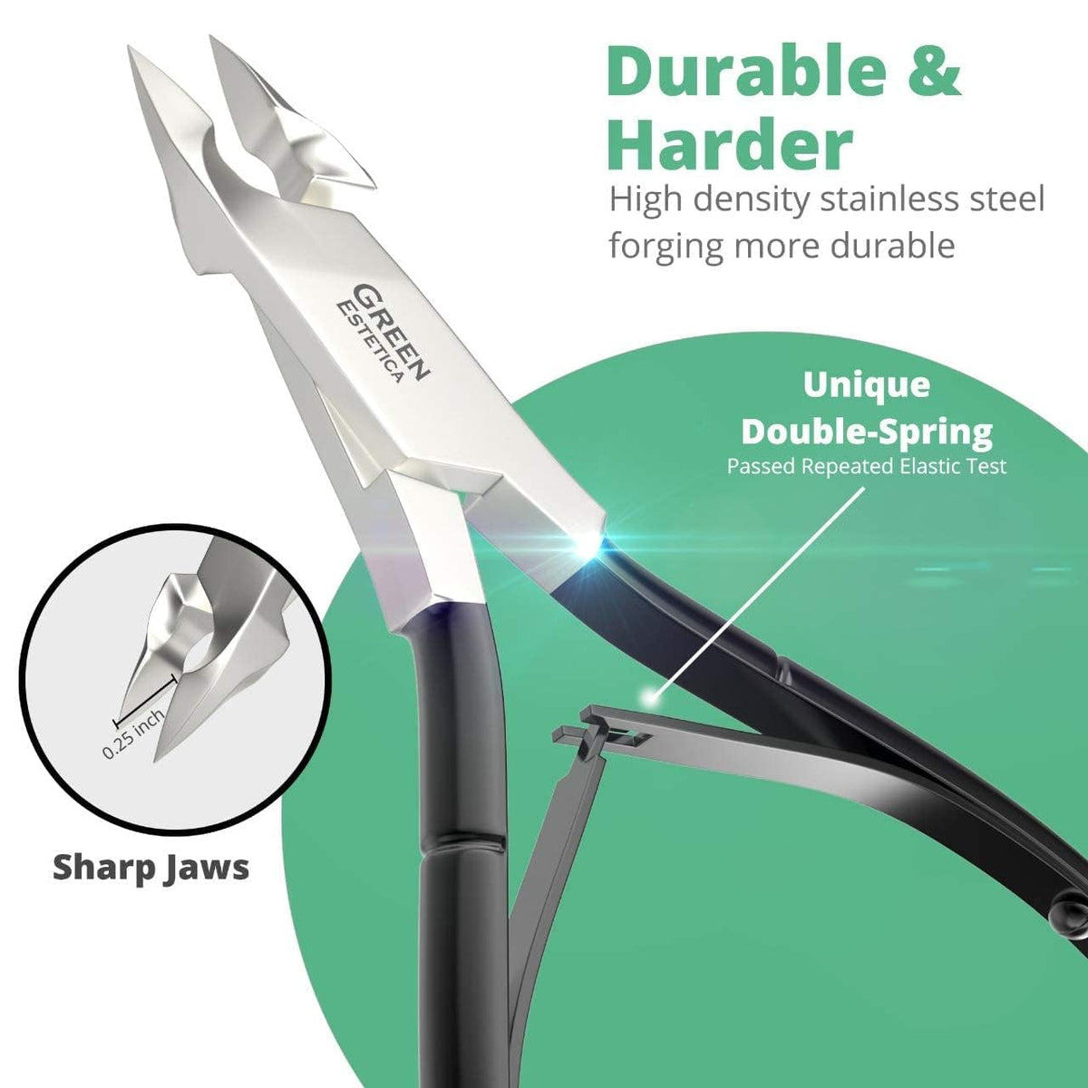 GREEN ESTETICA Cuticle Nipper displayed on a nail care kit
