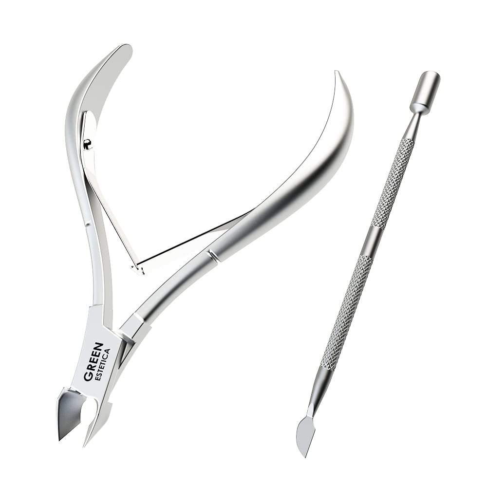 GREEN ESTETICA Cuticle Nipper front view with stainless steel finish