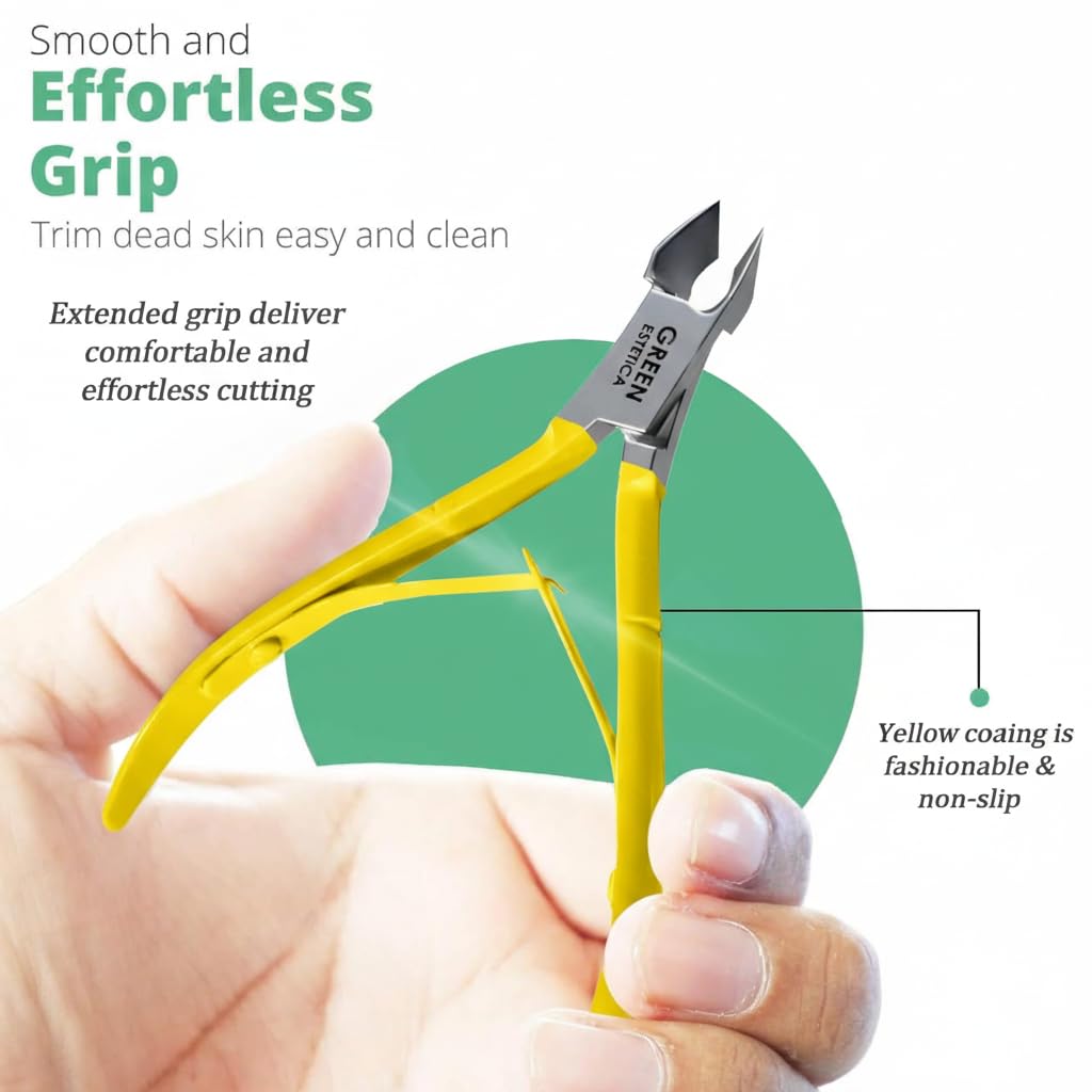 GREEN ESTETICA Cuticle Nipper on a manicure table with tools