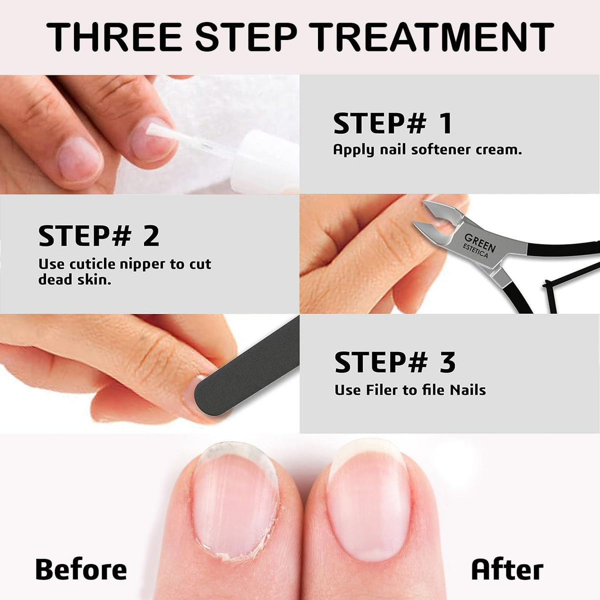GREEN ESTETICA Cuticle Nippers displayed among manicure tools
