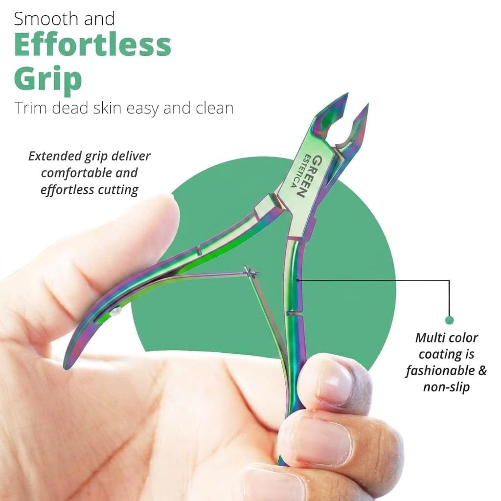 GREEN ESTETICA Cuticle Trimmer and Nippers on a nail care kit background