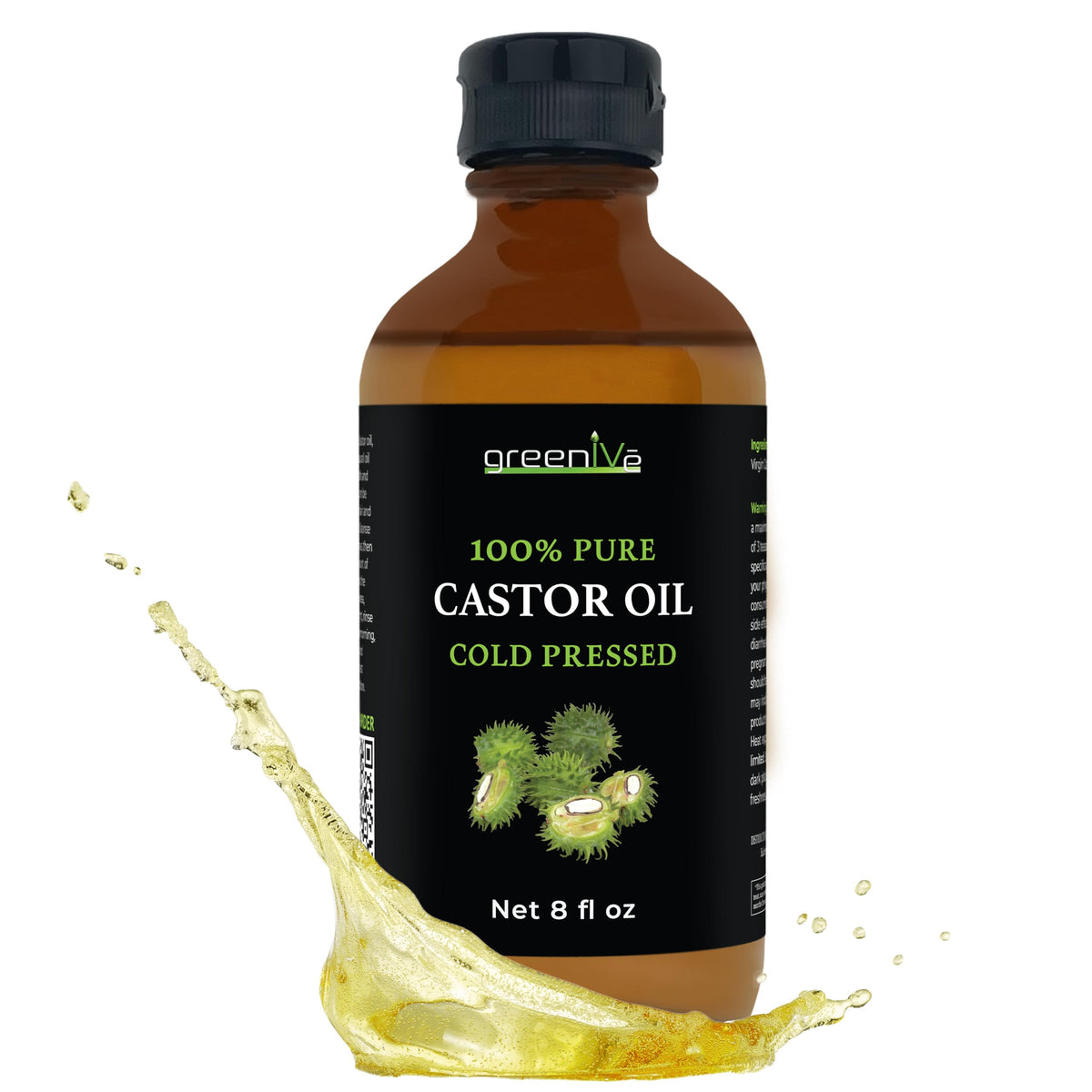 GreenIVe 100% Pure Castor Oil 8 Fl Oz glass bottle front view