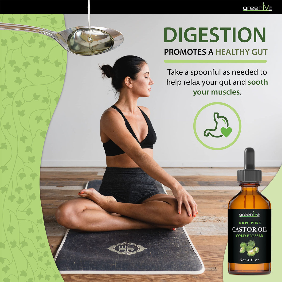 GreenIVe castor oil bottle on a bathroom shelf