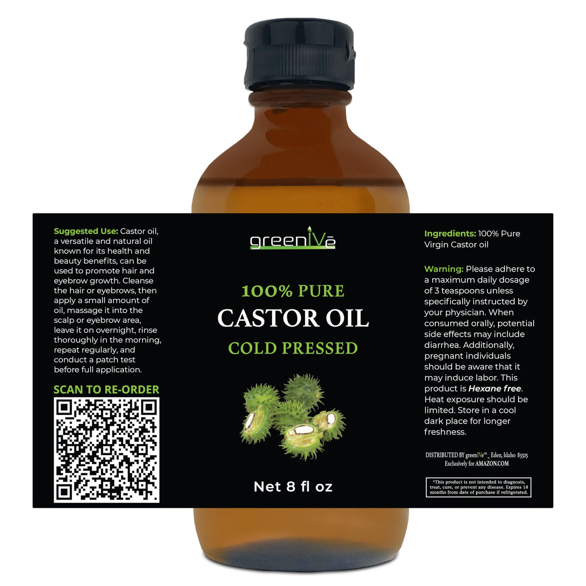 GreenIVe Castor Oil bottle with precision mascara wand and eyebrow brush