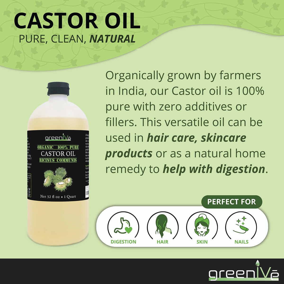 GreenIVe castor oil packaging with label details