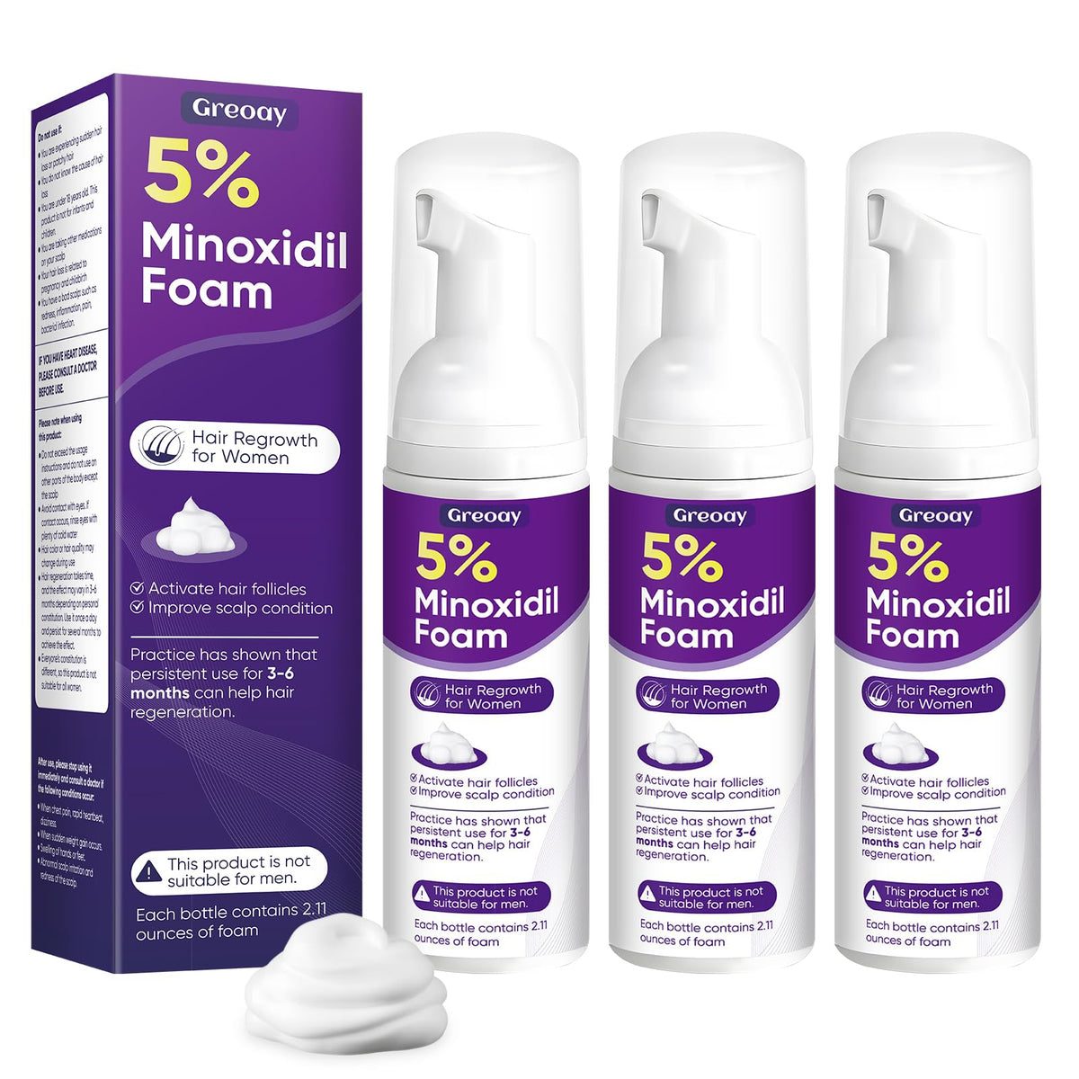 Greoay 5% Minoxidil Foam for Women front view with packaging