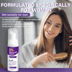 Greoay Minoxidil Foam in bathroom setting with hair care products
