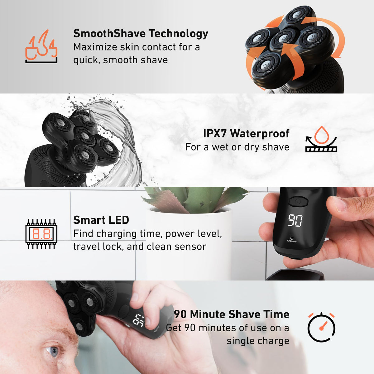 Groomie BaldiePro shaver in shower setting