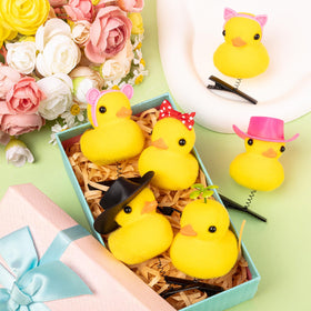 Group of duck hair clips on a colourful background