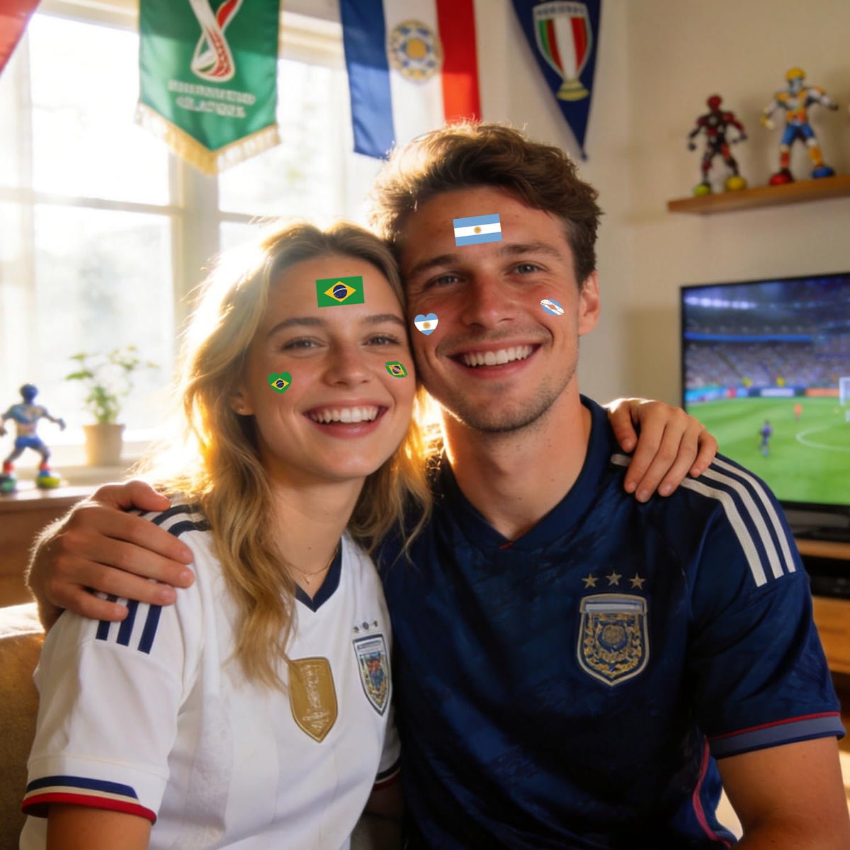 Group of friends showing off soccer tattoos at a watch party