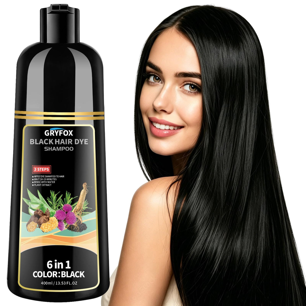GRYFOX Black Hair Dye Shampoo front view with packaging