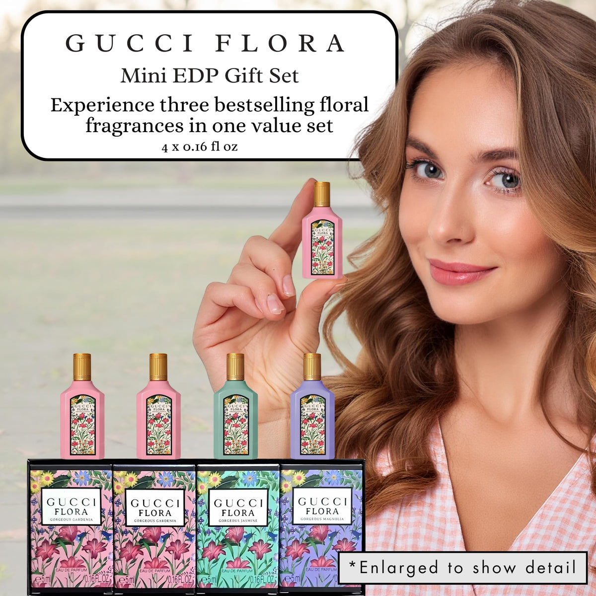 Gucci Flora Mini Perfume Gift Set displayed on a vanity