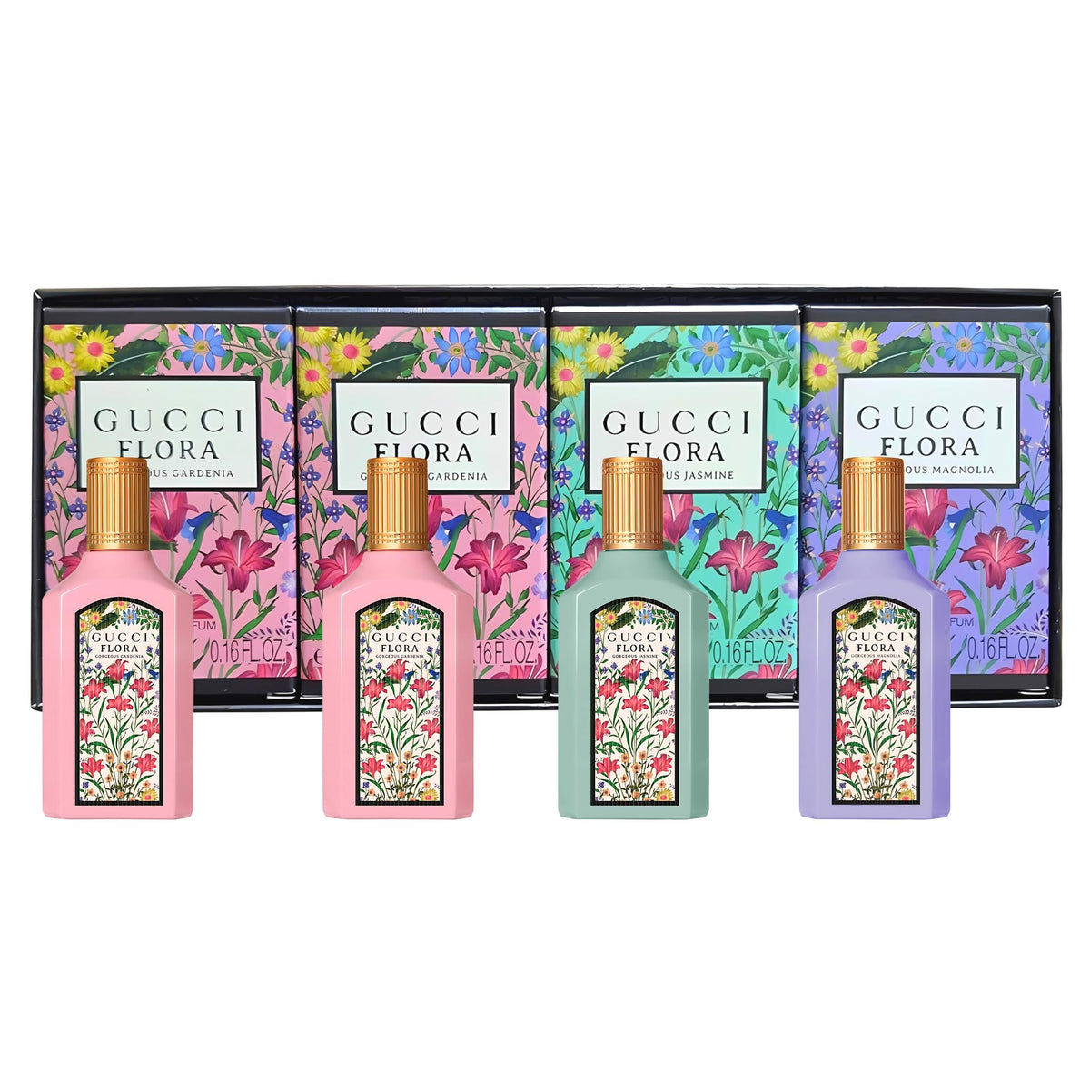 Gucci Flora Mini Perfume Gift Set front view with four 0.16 fl oz bottles