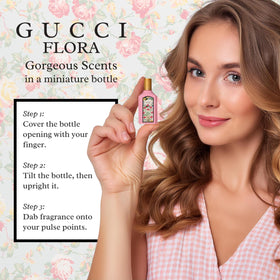 Gucci Flora Mini Perfume Gift Set lifestyle scene with flowers