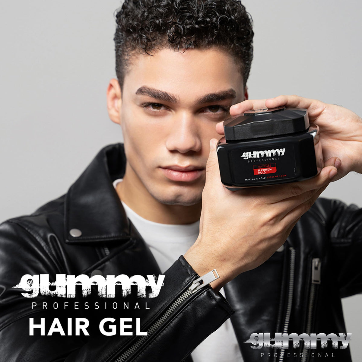 Gummy Professional Hair Gel with a model showcasing styled hair
