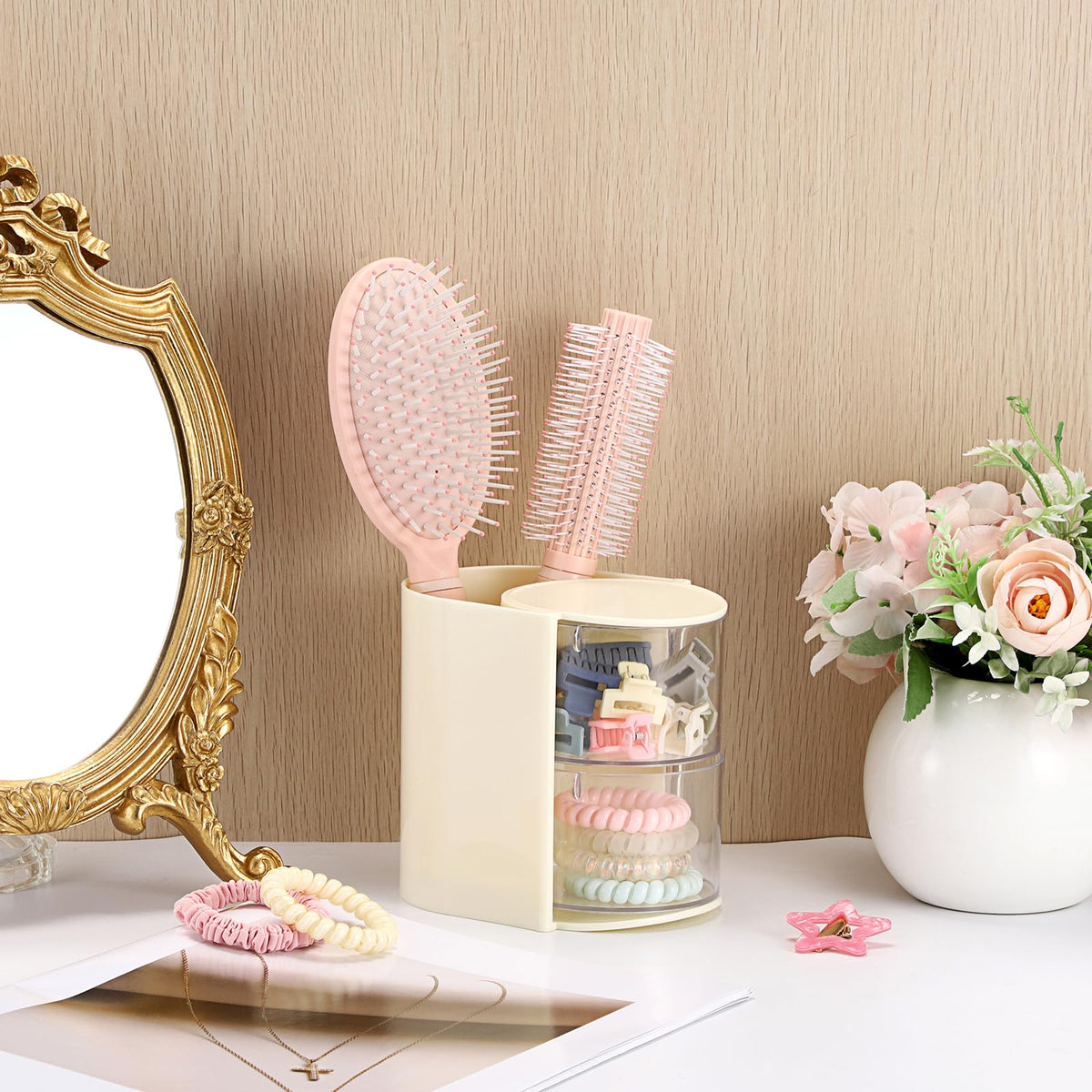 GUSHBIN Rotating Hair Accessories Organizer with makeup sponges