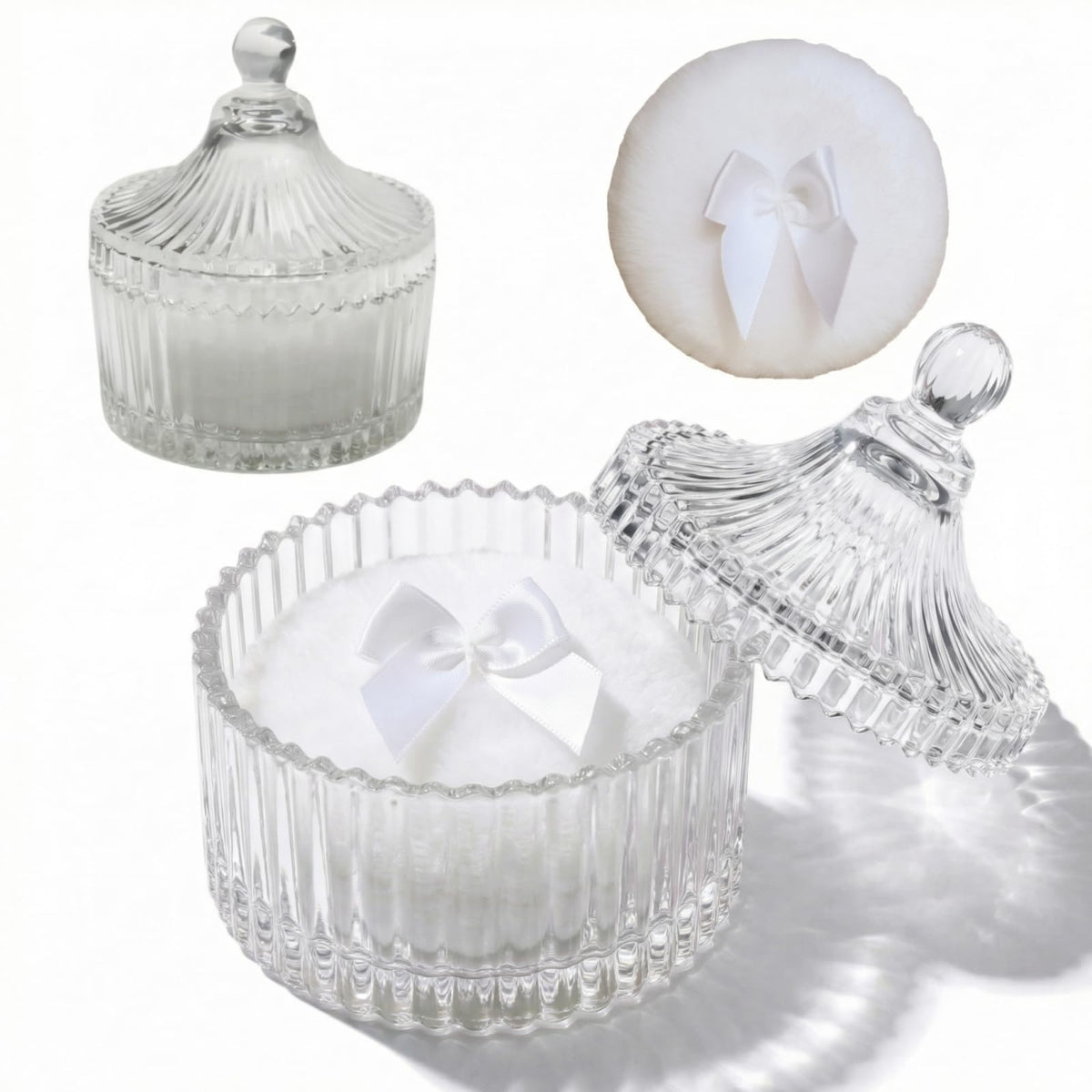 Habitable tree Powder Puff Set with glass container and two puffs