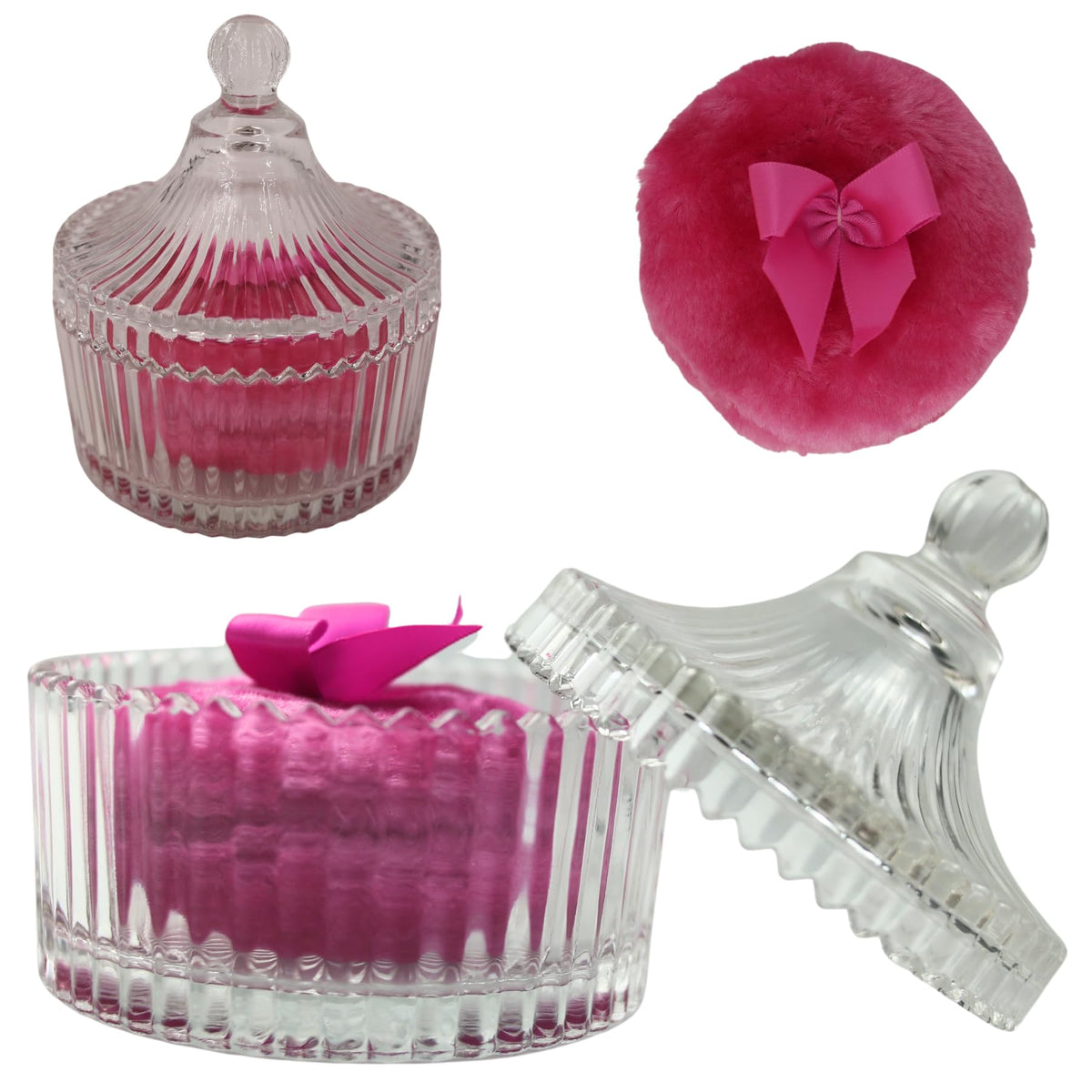 Habitable Tree Powder Puff Set with glass container in rose red