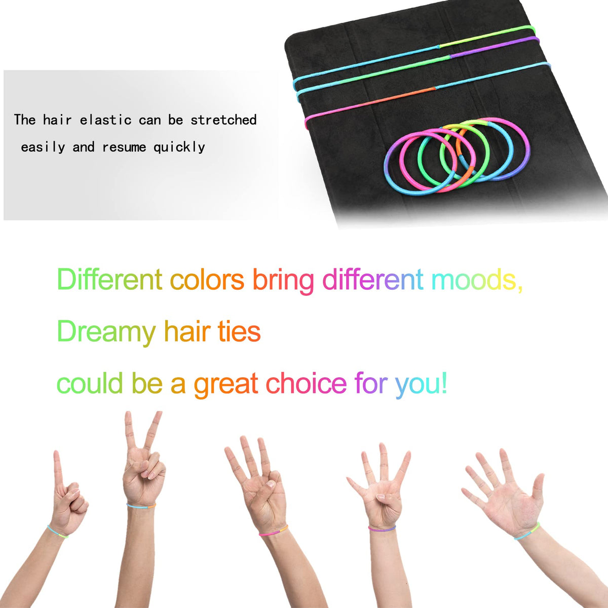 Hageolan hair ties in use on medium thick hair