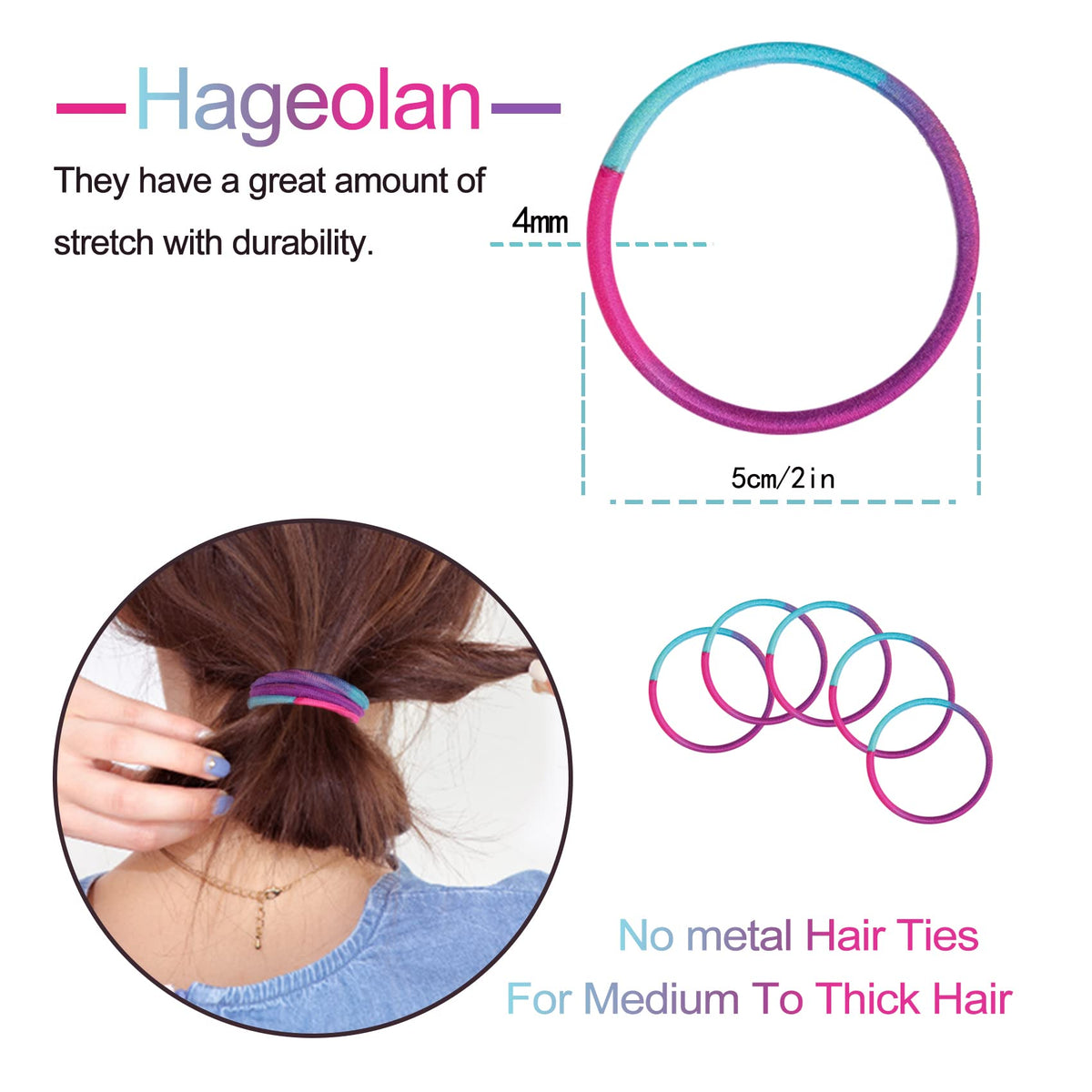 Hageolan hair ties showing various tie-dyed colours