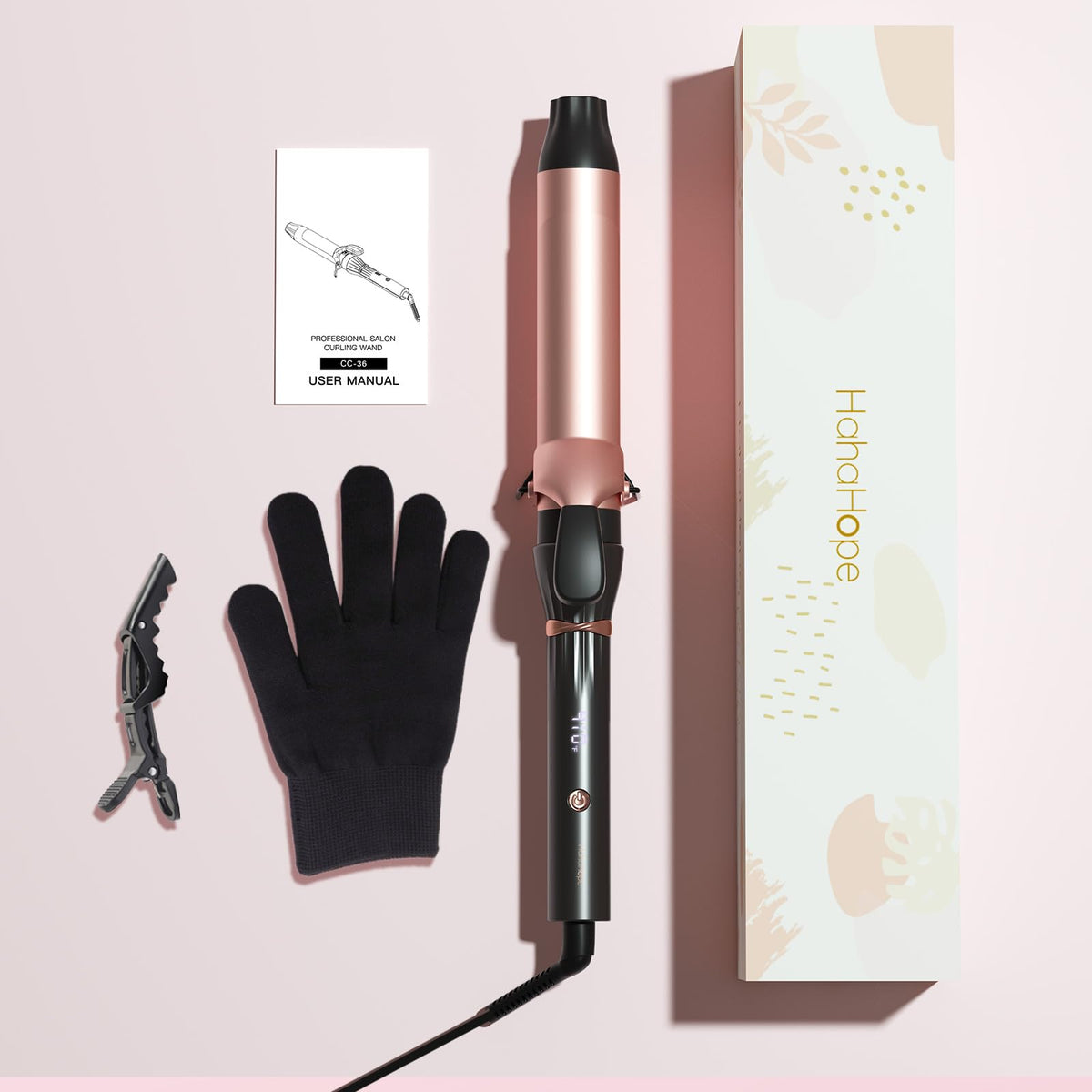 hahahope curling iron with hair styled into loose curls