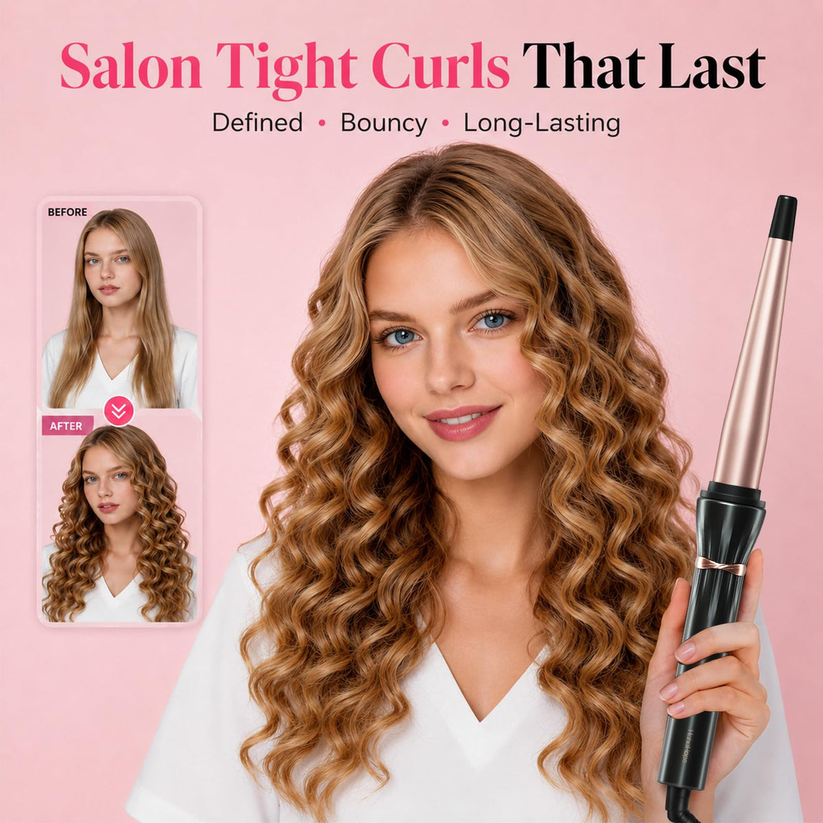 hahahope tapered curling iron with heat settings displayed