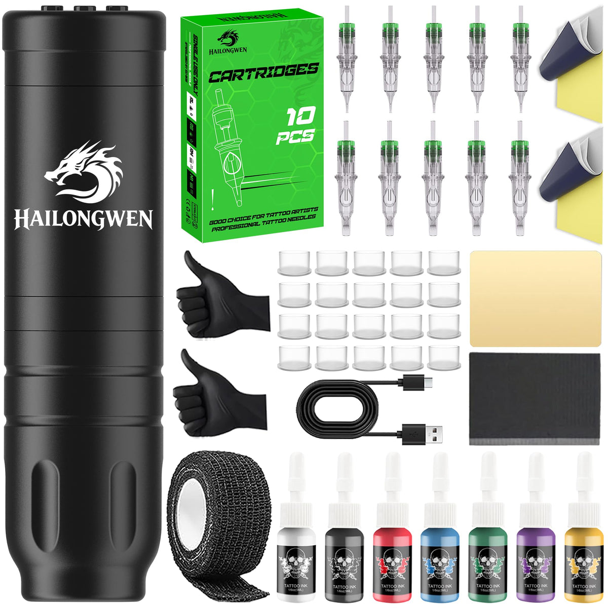 HAILONGWEN Wireless Tattoo Pen Kit front view with all components