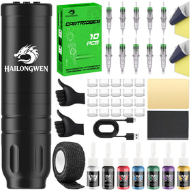 HAILONGWEN Wireless Tattoo Pen Kit front view with all components