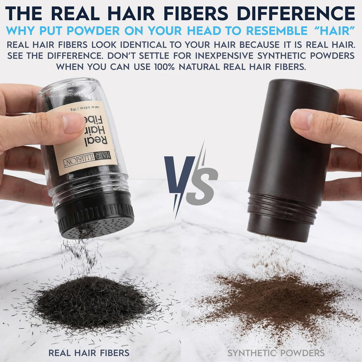 hair illusion Hair Building Fibers Black 18g on a bathroom counter
