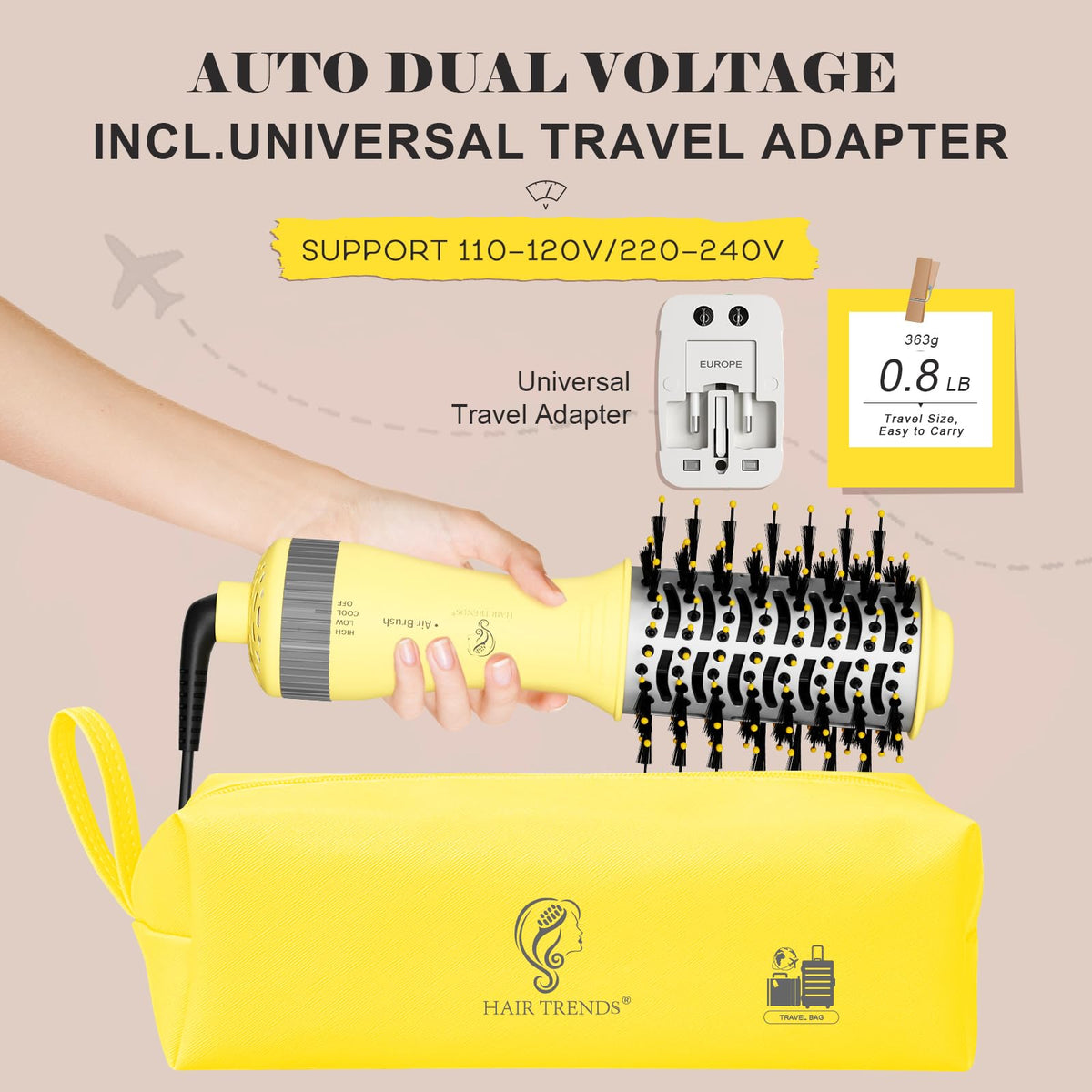 Hair Trends Blow Dryer Brush with dual voltage feature