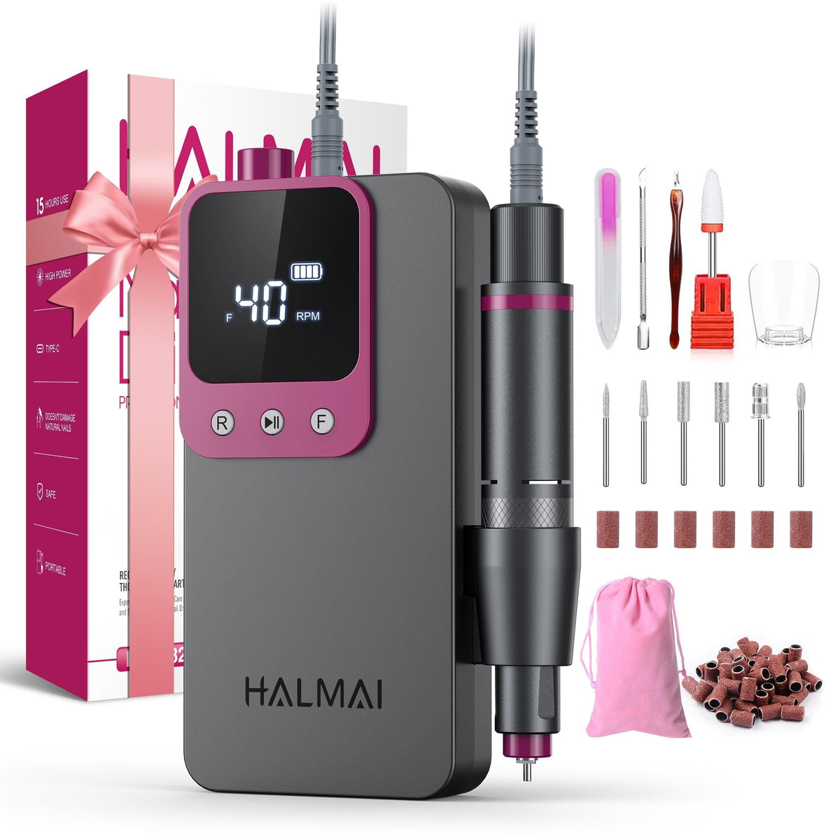Halmai Electric Nail Drill front view in dark grey