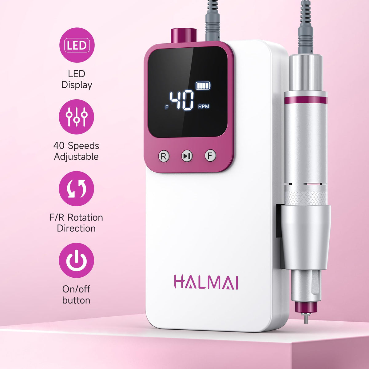 Halmai Electric Nail Drill in use on acrylic nails