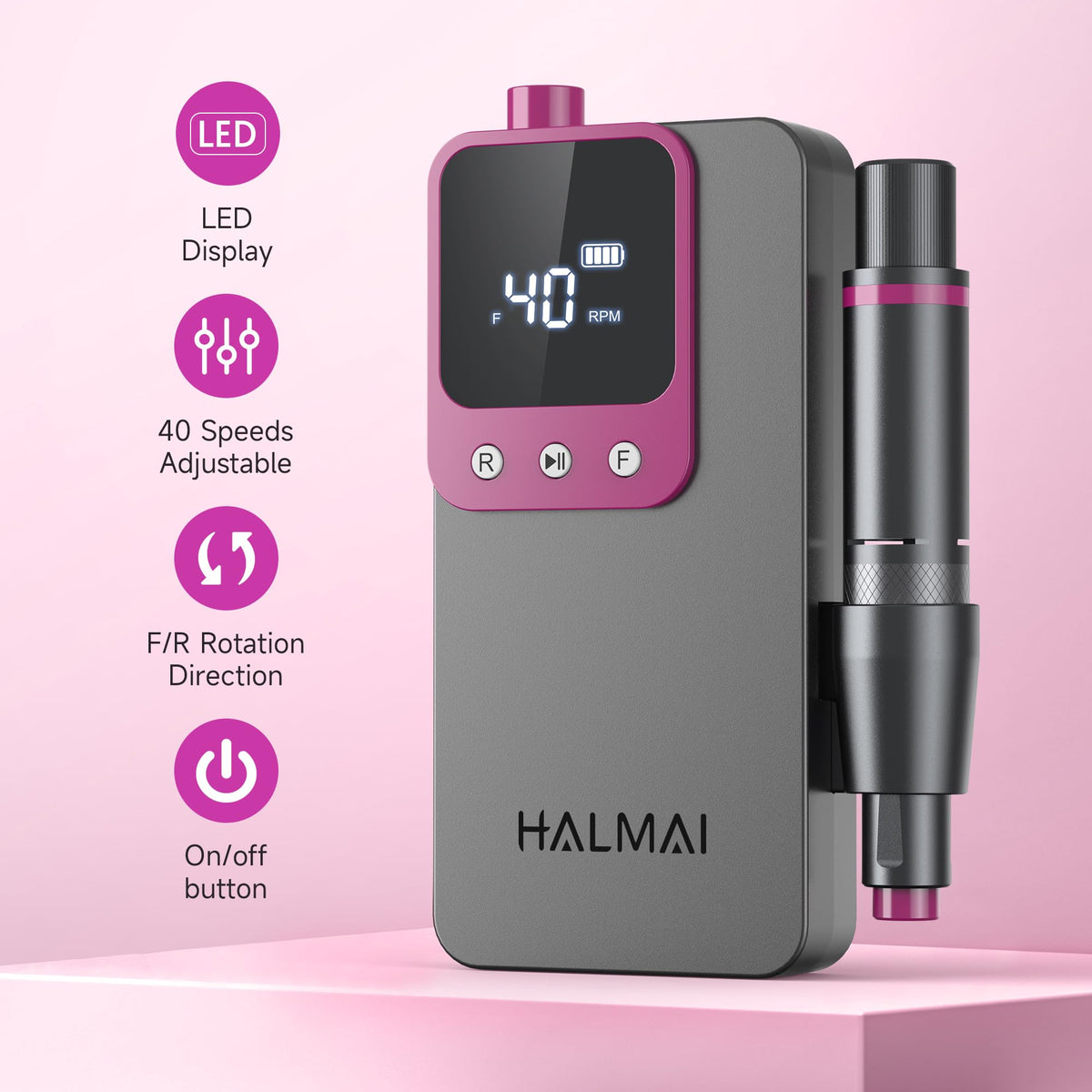 Halmai Electric Nail Drill side view with charging cable