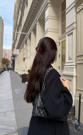 Hana Mia Burgundy Claw Clip in use for a messy bun