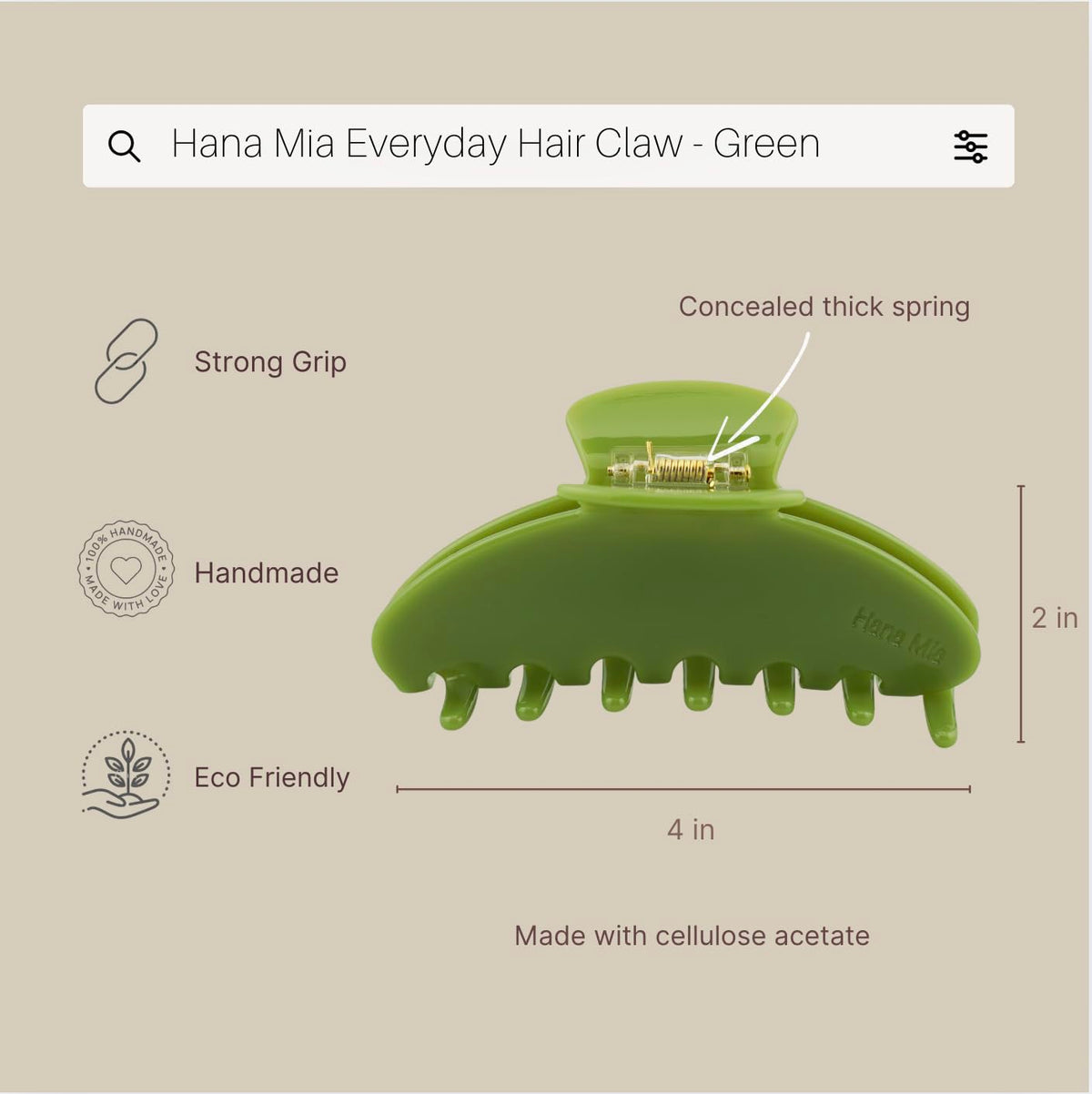 Hana Mia Green Claw Clip on a vanity table
