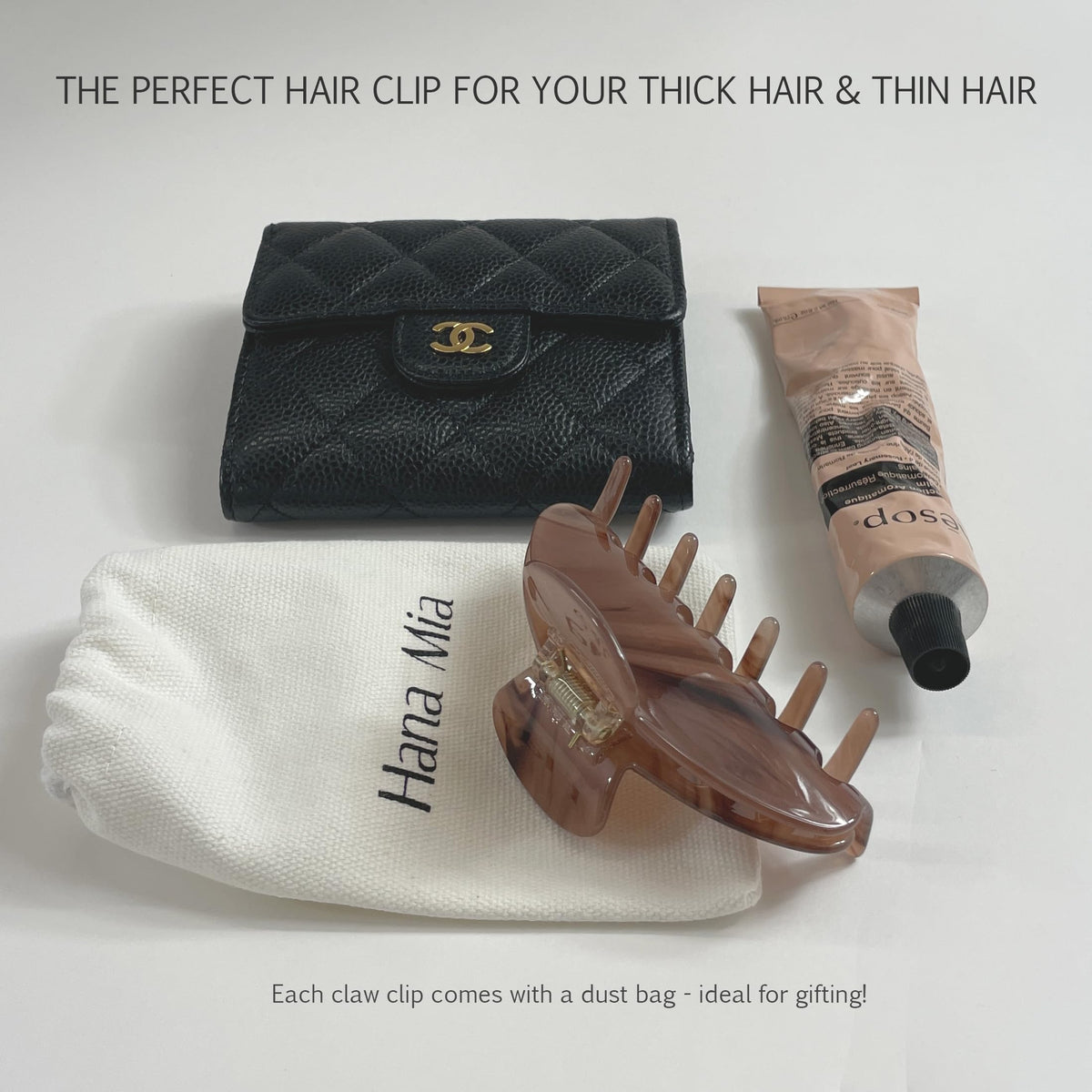 Hana Mia Mocha Claw Clip in a gym bag