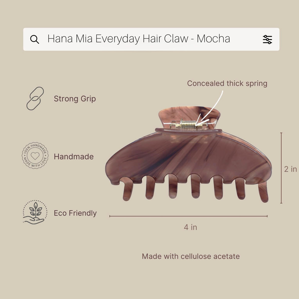 Hana Mia Mocha Claw Clip in carrying bag