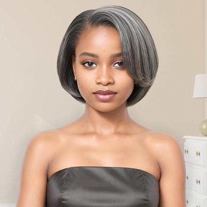 HANASCC 8-inch glueless straight bob wig in salt and pepper colour